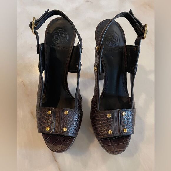 Tory Burch Monique Americana Brown Embossed Crocodile Peep Toe Sandals 10 M - Picture 3 of 9